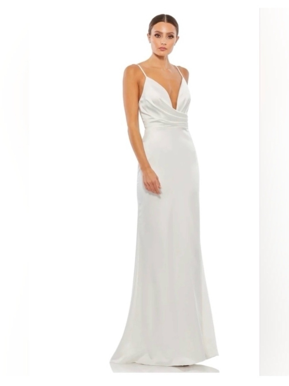 New IEENA for Mac Duggal Women White Satin Maxi Dress Deep V-Neck Size 6